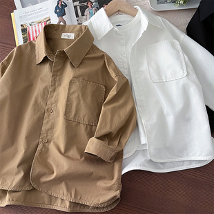 韩版男童纯棉衬衫~宽松休闲开衫外套，中大童长袖衬衣净色翻领上衣