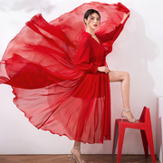 美妃高级感仙女连衣裙，2023春秋大红色气质，复古洋气长裙子女装