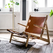 狩猎椅设计师创意沙发椅北欧复古实木牛皮轻奢躺椅民宿阳台休闲椅