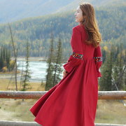 民族风长袖印花中长款显瘦红色连衣裙初秋气质女神范衣服QZ0565