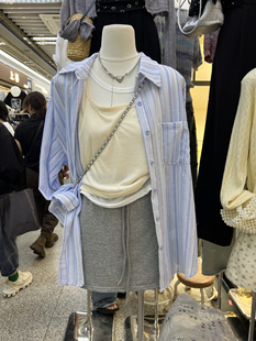 夏季十三行撞色拼接刺绣背心+个性条纹长袖衬衫+抽绳A字裙三件套