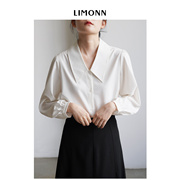 limonn法式复古尖领白色长袖，衬衫女气质，通勤叠穿v领上衣秋冬