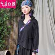 中国风复古刺绣v领上衣女，秋冬民族风，绣花长袖t恤打底衫体恤衫