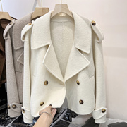 韩国双面绒保暖短外套，女2023年冬季显瘦纯色大翻领双排扣上衣
