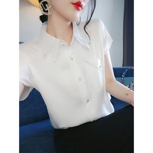 白色短袖衬衫夏季女缎面小衬衫双层领女士衬衣设计感小众上衣