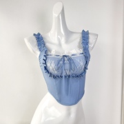 外贸原单 纯欲风法式少女感蕾丝花边性感内搭蓝色吊带针织短上衣