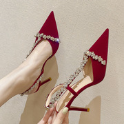 超细钢针高跟鞋女鞋设计感小众春季红色小跟鞋配裙子气质单鞋婚鞋