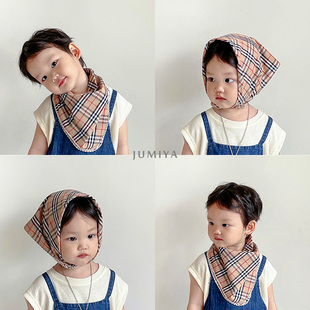 韩国宝宝三角巾洋气格纹，夏季薄款围脖盖头，男童女童头巾儿童围巾潮