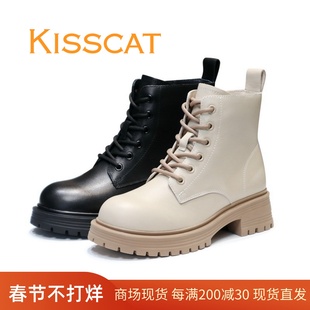 KISSCAT接吻猫女鞋2023秋冬系带侧拉链牛皮女马丁靴子KA43587-50