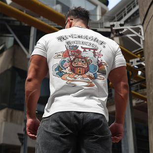 鹿家门斗战系列手绘印花T恤男常规修身休闲运动短袖健身上衣