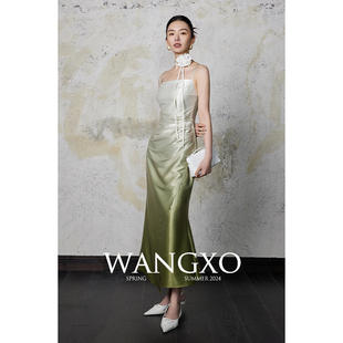 wangxo|定制渐变绿缎面质感，|后背打揽收腰显瘦吊带鱼尾连衣裙女