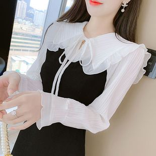 时尚高端雪纺拼接长袖，连衣裙女2023春秋小清新娃娃领打底裙子