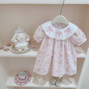 韩版童装女童洋气连衣裙夏装宝宝，时髦可爱娃娃领卡通印花裙子