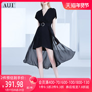 AUI黑色法式短袖雪纺连衣裙女2023夏不规则设计感小众收腰裙
