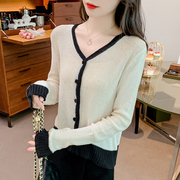 韩版修身显瘦拼色v领长袖毛线针织开衫T恤女春秋季打底衫薄款上衣