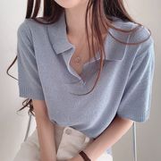 韩国ins简约设计感小众减龄Polo领薄款针织衫宽松纯色短袖T恤女夏