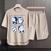 华夫格短袖t恤夏季套装男运动初中高中学生休闲运动服两件套ins潮