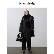 商场同款玛丝菲尔2023年冬季黑色中长款茧型连帽羽绒服女