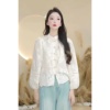 新中式国风白色蕾丝盘扣长袖衬衫女士春季2024设计感小众立领上衣