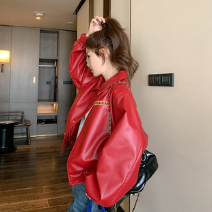 红色法式pu皮衣外套女春秋，高级设计感港风复古chic机车飞行员夹克