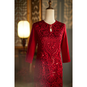 喜婆婆婚宴装春季结婚礼服中年妈妈酒红色连衣裙旗袍平时可穿长袖