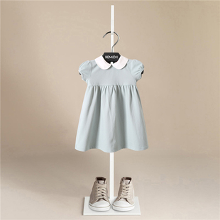 夏装白娃娃(白娃娃)领短袖连衣裙全棉，2023年小女孩儿童公主裙子英伦风