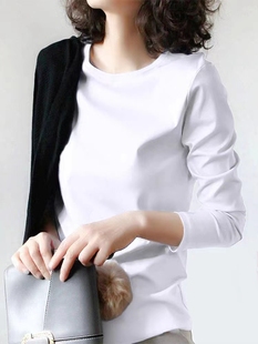 新疆棉春秋长袖t恤女正肩80支丝光棉外穿纯棉，内搭白色圆领打底衫