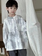 实体店货韩国女男孩小中大儿童装青少年春款水墨扎染亲子长袖T恤