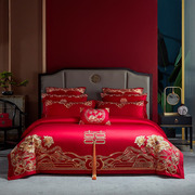 恒源祥婚庆四件套中式刺绣纯棉全棉红色结婚房床上用品床单被套