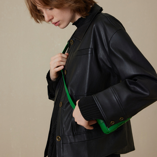 仿皮机车风外套MSLAN黑色美式时髦长袖短款个性夹克MEAV2801