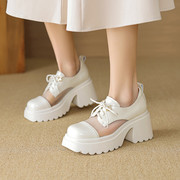 英伦风网纱方头系带皮鞋，女2024春夏，粗跟高跟防水台松糕鞋单鞋