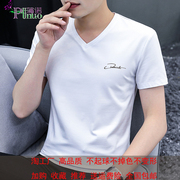 夏季纯棉v领短袖t恤男士白色印花字母，上衣韩版薄款体恤青年打底衫