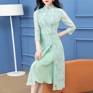 首尚格释绿色连衣裙女夏季2023年时尚复古七分袖拼接蕾丝裙子