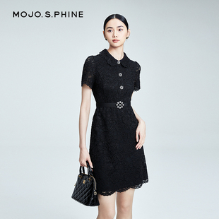 mojo优雅韩国雕花蕾丝连衣裙，2024年修身立体剪裁设计感小黑裙