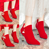 婚靴女冬季红色靴子新娘鞋，2021高跟婚鞋加绒细跟秀禾白婚纱(白婚纱)鞋