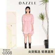 dazzle地素奥莱春夏粉色，甜美系带法式廓型收腰短袖连衣裙女