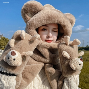 小熊网红耳朵帽子围脖女百搭可爱保暖冬天围巾连帽一体秋冬季