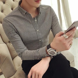 格子衬衫男长袖春秋高端内搭韩版潮流修身帅气免烫休闲商务衬衣男