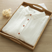 纯棉双层棉纱白色衬衫日系春秋长袖纯色打底减龄叠穿衬衣女