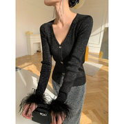 wangxo黑色长袖v领羊毛针织开衫，女2024年春季修身显瘦鸵鸟毛上衣(毛上衣)