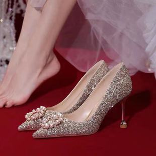 水晶鞋婚鞋2021年新娘鞋，婚纱银色高跟鞋，女细跟伴娘鞋珍珠单鞋