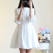 裙子春秋女装纯色甜美小个子连衣裙，韩版蕾丝仙女裙可爱白色裙子