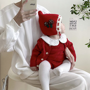 韩版婴儿衣服喜庆女宝宝百天周岁衣服秋冬棉线毛衣背带裤外套套装