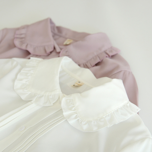 春秋小清新甜美白色长袖衬衣娃娃，领紫色风琴褶内搭打底衬衫女