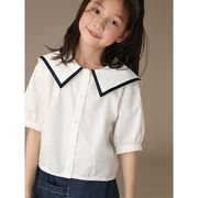 童装夏季女童海军领白色纯棉，短袖开扣衬衫学院风衬衣气质