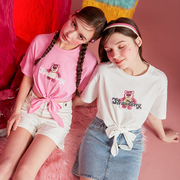 唐狮夏季粉色辣妹短袖T恤女玩具总动员草莓熊图案下摆打结短袖T恤