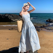 超仙法式重工蓝色刺绣花朵印花吊带连衣裙女夏季海边度假沙滩裙子