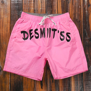 潮牌粉色沙滩裤男夏季宽松速干带内衬，游泳裤男款休闲字母四分短裤