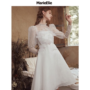 marieelie纯色，网纱贴花连衣裙长袖，淑女裙白色