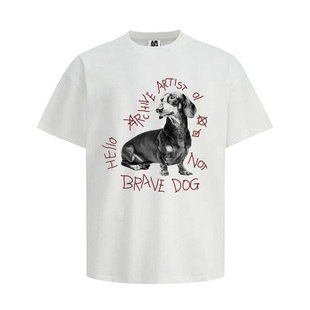 arar01“狗”标语图案短袖，国潮流t恤男女，美式宽松情侣衣服装夏季
